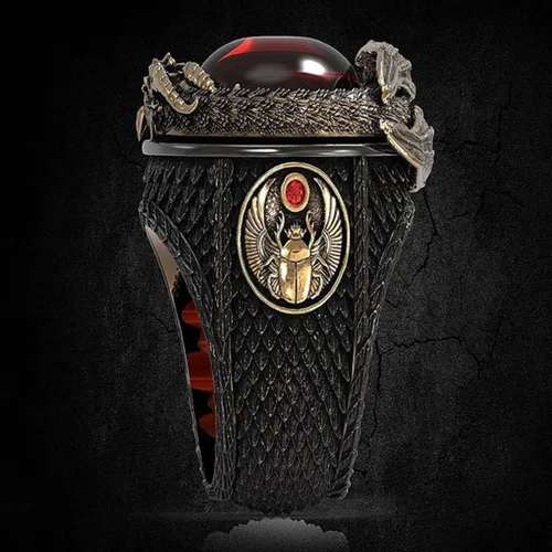 Vista 4 de MayiaHey Anillo de piedra roja de dragón punk para hombre, anillo gótico de tótem de dragón helado para niños, Metal no precioso., No