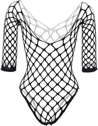 Vista 2 de Lencería de red para mujer, con cuello en V, mini vestido transparente, ropa de dormir de una pieza, talla única Negro 7