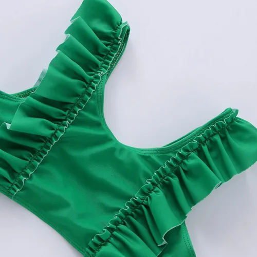 Vista 4 de Traje de baño de dos piezas para niñas pequeñas con volantes y estampado de piña (verde, 6-7 años)