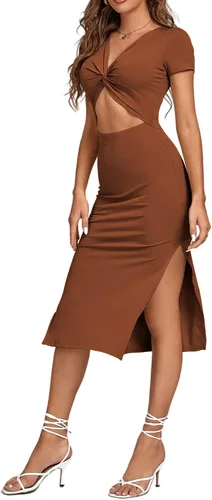 Vista 4 de LYANER Vestido midi de punto de manga corta con cuello en V y corte frontal para mujer