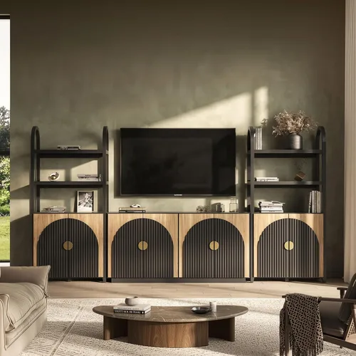 Vista 23 de BELLEZE Centro de entretenimiento modular de 4 piezas con almacenamiento, 2 vitrinas de madera moderna con gabinete arqueado y 2 armarios de puerta
