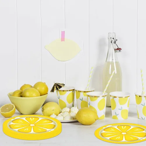 Vista 7 de Platos de papel de limón – 32 platos desechables de fiesta de limón de 9 pulgadas, platos de postre de ensalada de frutas cítricas amarillas