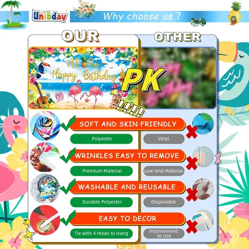 Vista 4 de Decoraciones de fiesta de cumpleaños Luau de alta calidad, pancarta Aloha con texto en inglés "Happy Birthday", grande de 72 x 44 pulgadas, diseño