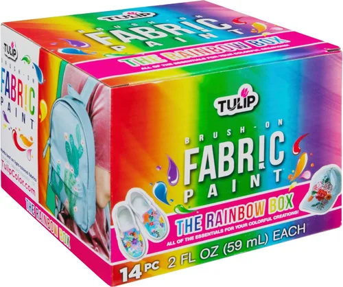 Vista 2 de TULIP Pintura para tela con brocha, 14 colores, permanente, suave y La caja del arco iris