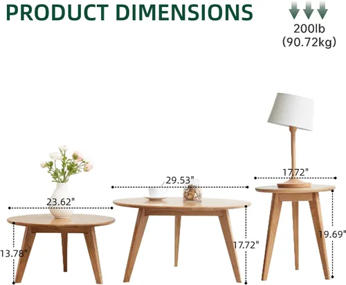 Vista 2 de Juego de mesa de café 100% de madera de roble macizo, mesa de café redonda combinada mesa auxiliar con patas de madera maciza, mesa de mediados