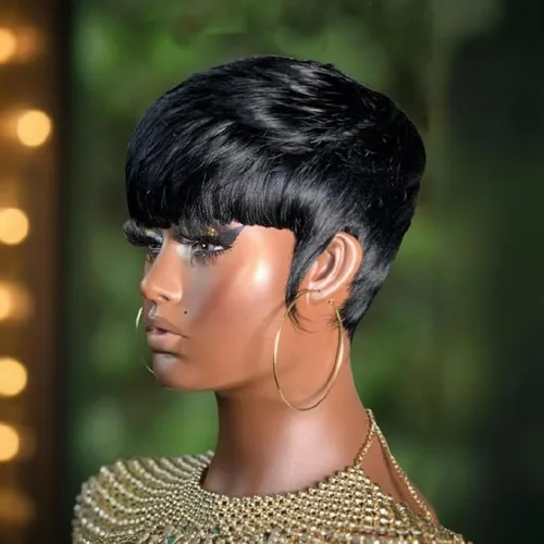 Vista 4 de Pelucas de cabello humano para mujeres negras, pelucas cortas de corte Pixie, pelucas cortas de corte de pelo en capas con flequillo, pelucas hechas