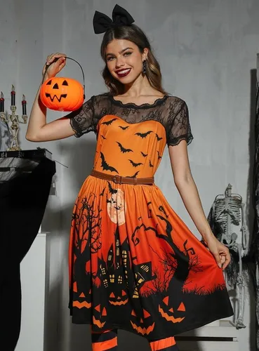 Vista 3 de Spadehill Vestido de encaje de manga corta para mujer, disfraz de Halloween