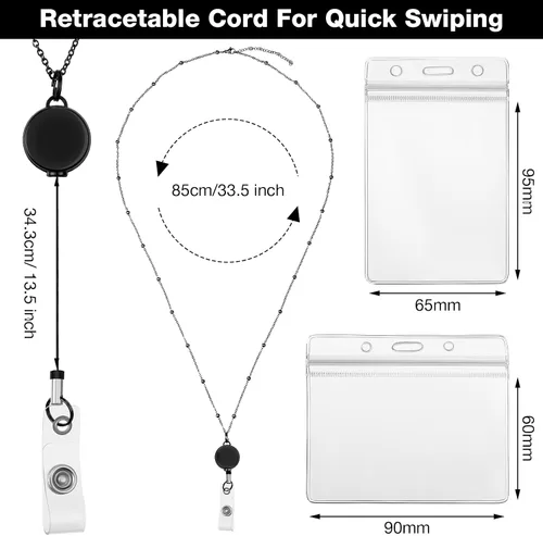 Vista 2 de Zonon Cordón Retráctil con Portaidentificación 3 Piezas Collar de Insignia con Cuentas con 6 Portarjetas Impermeables de Acero Inoxidable ID Negro