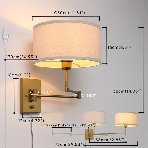 Vista 2 de Aplique de pared de tela textil de lino vintage Swing Arm, Adjustable, with on/Off Switch, Brass Gold Wall Mounted Lamp, Reading Light Fixture for