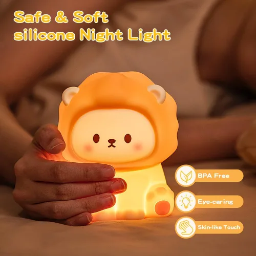 Vista 3 de Linda luz nocturna de león para niños, lámpara recargable de guardería con temporizador, 3 niveles de brillo y luz cálida, luz nocturna de silicona