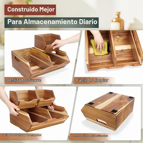 Vista 12 de Contenedores de almacenamiento de despensa de madera de acacia, juego apilable de 3 piezas