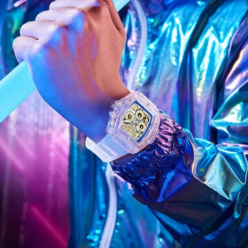 Vista 7 de RORIOS Reloj analógico de cuarzo para hombre, reloj de pulsera Tonneau transparente, multifuncional, a la moda, impermeable, cronógrafo, correa