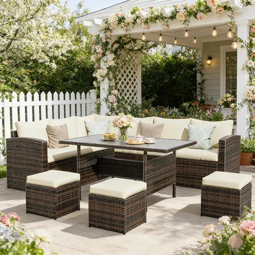 Vista 10 de Wisteria Lane Juego de muebles de patio de 7 piezas, juego de comedor de mimbre con respaldo alto y curvo, para todo tipo de clima, muebles de Gris