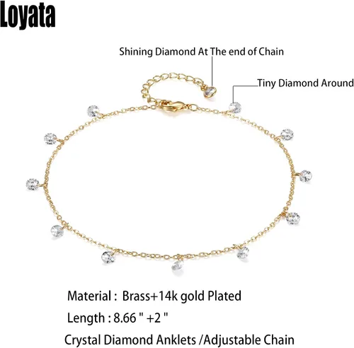Vista 5 de LOYATA - Tobillera delicada bañada en oro de 14 quilates para mujeres, con pequeña cruz de circonia cúbica blanca y borlas bonita joyería