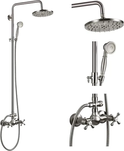 Vista 10 de gotonovo Juego de llave de ducha expuesta para baño, accesorio de ducha con cabezal efecto lluvia de 8 pulgadas, ducha de mano, mango en cruz Dorado