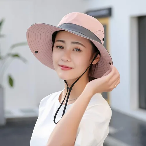 Vista 58 de Sombrero de pesca de playa de ala ancha para mujer, con protección UV, plegable, con agujero para cola de caballo