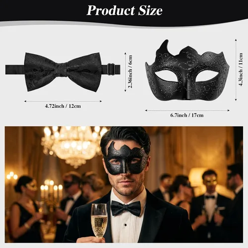 Vista 2 de Máscara de mascarada para hombre con pajarita, disfraz de fiesta de Halloween, Mardi Gras