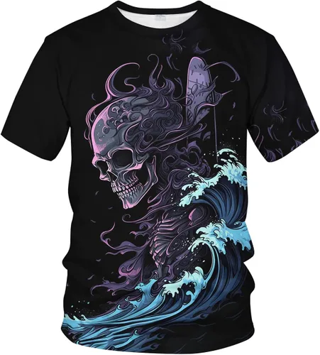 Vista 2 de Srcnhim Camiseta de verano para hombre con estampado 3D de calavera y esqueleto oceánico