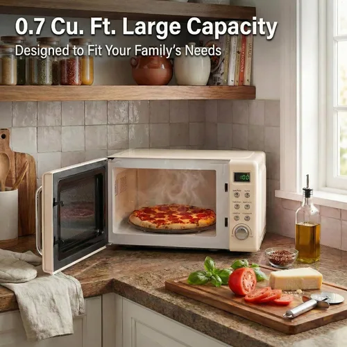 Vista 5 de SIMOE Horno microondas retro crema, 0.7 pies cúbicos microondas compacto de encimera, microondas pequeño de 700 W con pantalla LED, bloqueo