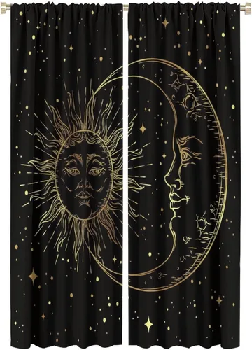 Vista 59 de Cortinas opacas con diseño de sol y luna, cuerpos celestes bohemios, con diseño de sol, luna y estrellas, para sala de estar, dormitorio, 42 x 45