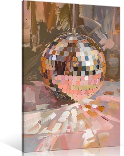 Vista 18 de Arte de Pared en Lienzo de Bola de Discoteca Rosa Suave de Moda, Póster con Textura de Bola de Espejo Plateada Funky para Chica, Impresión
