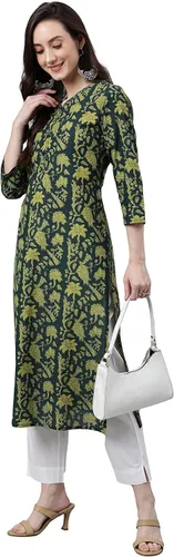 Vista 4 de Janasya Kurta recta de algodón verde oscuro para mujer india