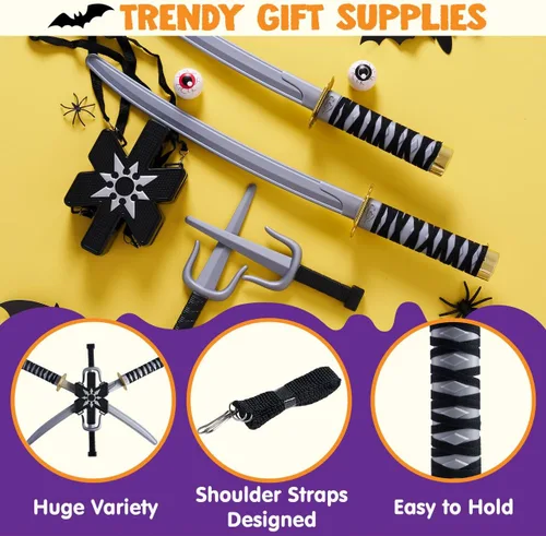 Vista 3 de Spooktacular Creations Ninja Swords, Backpack Weapon Toy Set with Swords and Knives for Kids, Ninja Costume Accessories for Cosplay, Dress-up Party