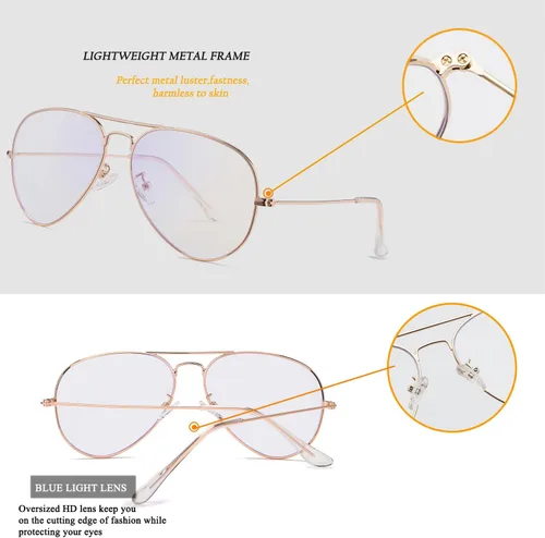 Vista 4 de HJSTES Lentes transparentes de aviador, luz azul, para mujeres y hombres, montura piloto clásica, sin receta
