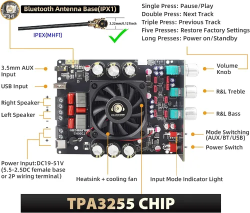 Vista 2 de Tablero amplificador de audio de 600 W con control de agudos y graves, chips TPA3255, CC 19-51 V, entradas Bluetooth 5.2 y AUX, placa AMP estéreo