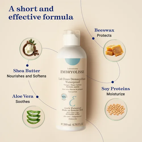 Vista 4 de Embryolisse Leche desmaquillante suave e impermeable, limpiador facial hidratante 4 en 1 para pieles sensibles con aloe vera y manteca de karité