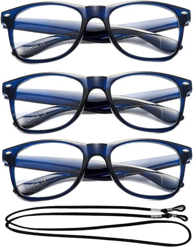 Vista 6 de Gafas de lectura de marco grande para hombres y mujeres, cómodos y elegantes anteojos de lectura simples Paquete de 3 - Azul con 1 cordón