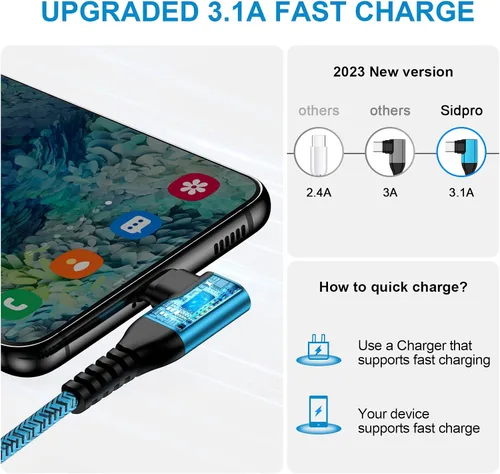 Vista 2 de Cable de carga USB C tipo C, cable de carga rápida, paquete de 2 cables de alimentación de teléfono Android de 6 pies en ángulo recto para Samsung
