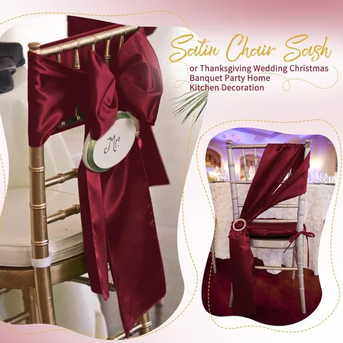 Vista 7 de 60 bandas de satén color burdeos para silla, diseño de lazos, para decoración de sillas de Acción de Gracias, boda, Navidad, banquetes, fiestas