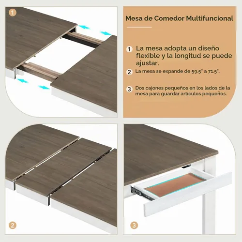 Vista 3 de Juego de comedor de madera de 7 piezas, mesa extensible multifuncional con hojas de 12 pulgadas y 2 cajones, más 6 cómodas sillas de comedor