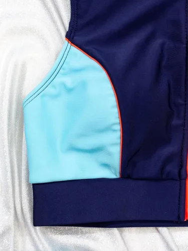 Vista 4 de MakeMeChic Trajes de baño de dos piezas para mujer, con bloque de color, cremallera frontal, cuello alto