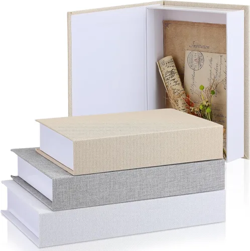 Vista 9 de Tioncy Caja de libros falsos de lino neutro, 3 piezas, decoración de imitación para decoración del hogar, estantes, mesa, tarjetas, fotos, regalo