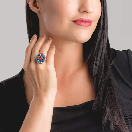 Vista 2 de Anillo de plata de ley American West con diseño de racimo de lapislázuli azul, turquesa y coral rojo, talla 5 a 10