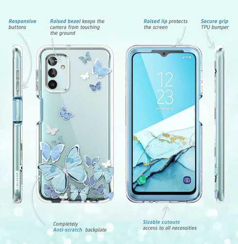 Vista 9 de i-Blason Cosmo - Funda protectora delgada de cuerpo completo para Samsung Galaxy A13 4G y 5G, con protector de pantalla integrado (mariposa azul)