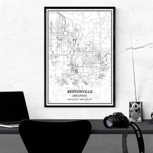 Vista 4 de TANOKCRS Bentonville Arkansas USA - Póster impreso en lienzo con diseño de mapa de Estados Unidos, sin marco, moderno, en blanco y negro, regalo