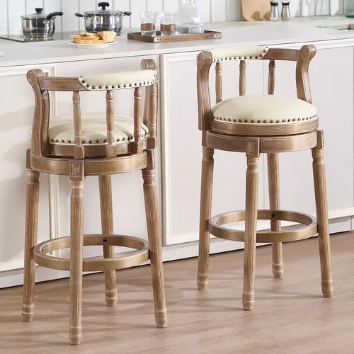 Vista 15 de RAINMOOD Taburetes de bar giratorios de cuero genuino beige mostrador de barra de madera con reposapiés para cocina, comedor, sala de estar