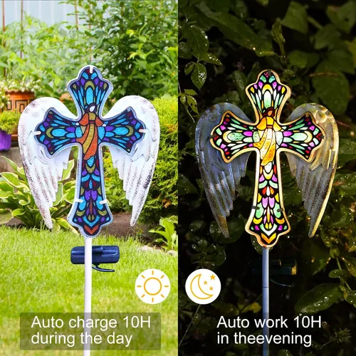 Vista 4 de YJFWAL Luz Solar de Estaca de Jardín con Cruz de Cristal, Decoraciones de Cementerio para Luces Exteriores de Tumba, Regalos Conmemorativos