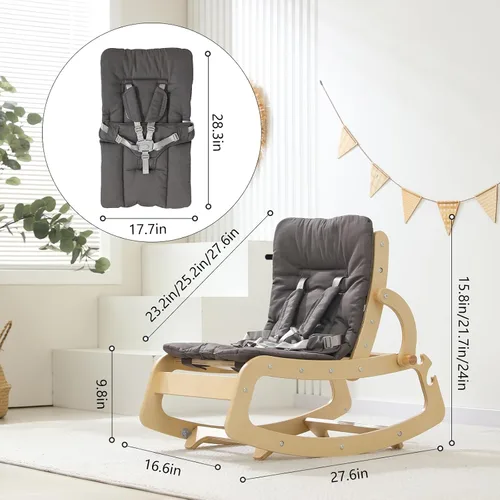 Vista 2 de Mecedora de Bebé de Madera Ajustable 3 en 1, Silla Mecedora de Diseño Ergonómico con Cojín Extraíble, Cinturón de Seguridad y Elevador, Reclinable