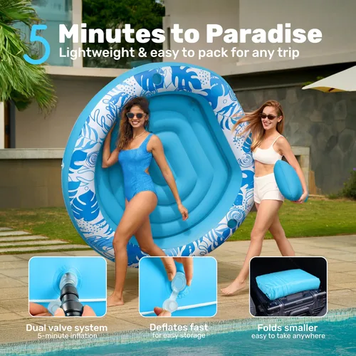 Vista 6 de SLOOSH Flotador inflable para piscina de bronceado, flotadores de piscina de 72 x 56 pulgadas para adultos con almohada, flotador redondo 4 en 1
