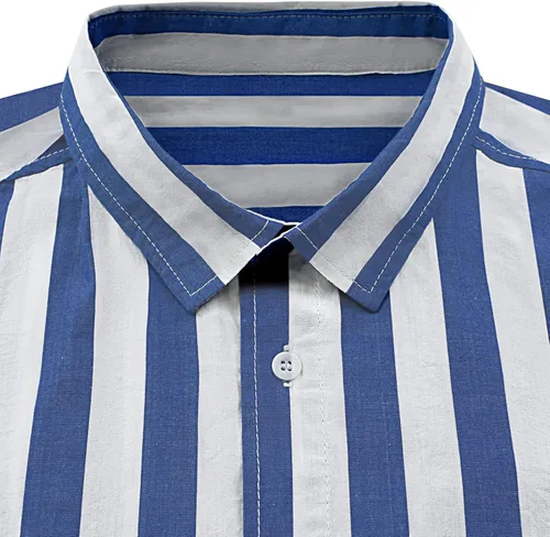 Vista 4 de Gnvviwl Camisas casuales de manga larga con botones para hombre, camisa de vestir de algodón a rayas con bolsillo