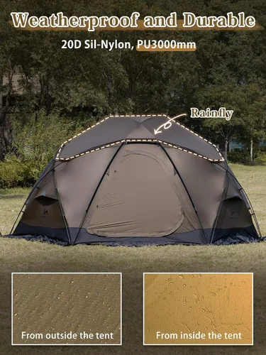 Vista 3 de TOMOUNT Tienda caliente de cúpula con estufa Jack 4 Persona Backpacking Carpa para 4 estaciones impermeable Glamping senderismo Marrón coyote