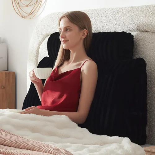 Vista 23 de Almohada de cabecero + Una almohada larga de cuello enrollado Almohada para el cuerpo, almohada de cuña de cabecero de pelo sintético con funda Beige