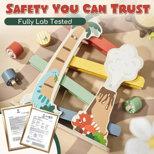 Vista 7 de Lehoo Castle Juguete de rampa de coche de madera de dinosaurio para niños Beige