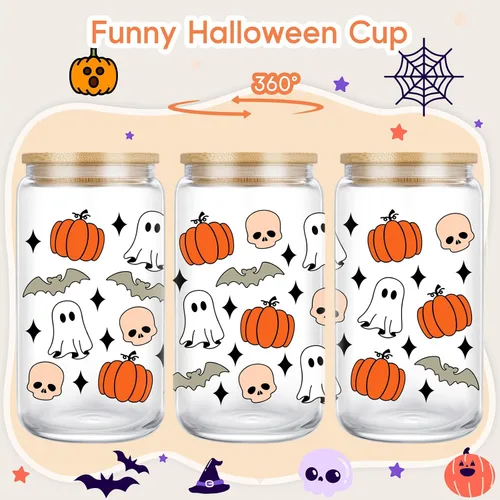 Vista 2 de Coolife Taza de otoño de calabaza y fantasma de Halloween – Taza de otoño de calabazas de 16 onzas, vaso de vidrio para café helado, tazas de vidrio