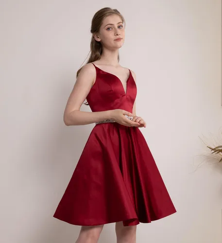 Vista 2 de Vestidos de Satén para Graduación 2025 con Tirantes Espagueti, Vestidos Cortos de Baile con Cuello en V con Cuentas, Vestidos Formales de Noche