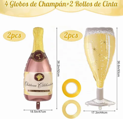 Vista 2 de Globos de botella de vino de champán, 4 piezas de globos de papel de aluminio de copa de champán, globos grandes de mylar de vino para decoración